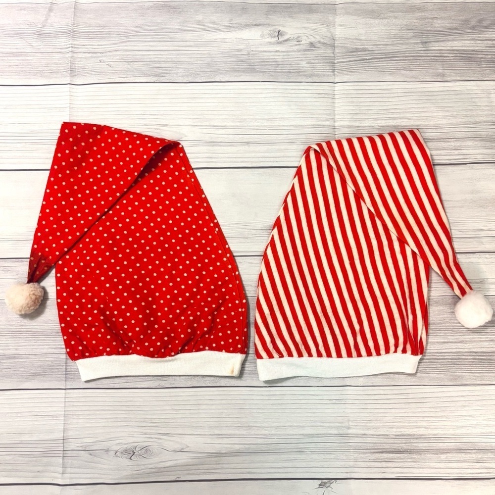 Lot of 2 Vintage Stocking Caps Hats Sleep Red and White Striped Polkadot